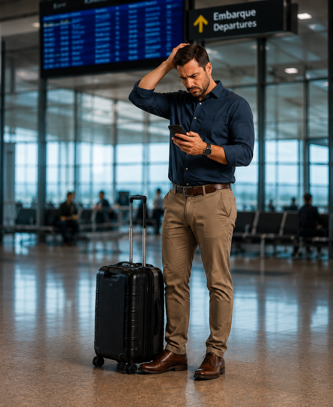Gestor de operações em aeroporto, preocupado com o custo e o tempo das viagens presenciais